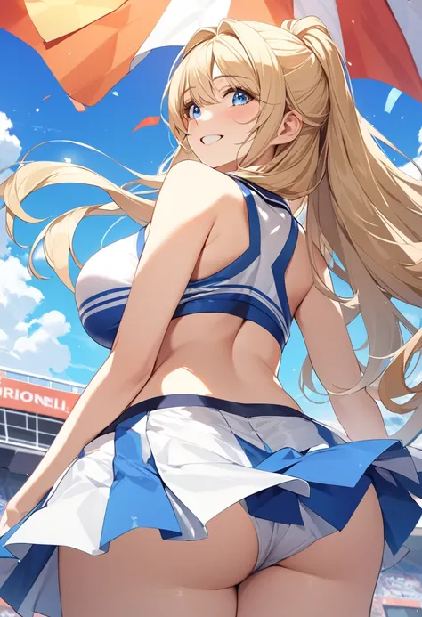 (Highest quality、Very detailed、Ultra-high resolution) 、(1 girl、17 years old、Mature), blue eyes、smile、((Blonde))、Semi-long hair、Beautiful breasts、blue sky、Cheerleader、from behind, from below