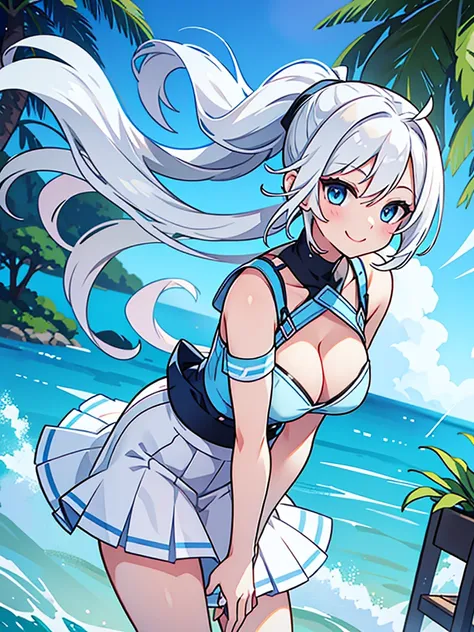 pretty,sexy,wind,white hair,ponytail,blue clothes,Blue Eyes,Adult,busty,skirt,breasts visible,smiling face