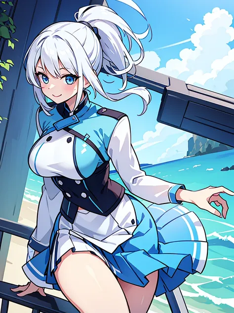 pretty,sexy,wind,white hair,ponytail,blue clothes,blue eyes,adult,busty,skirt,breasts visible,smiling face