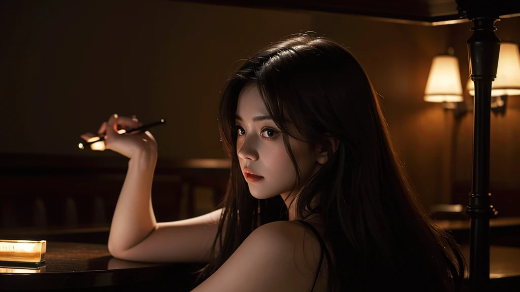 (best quality, masterpiece: 1.1), (fidelity: 1.4), 1 girl, upper body, long hair, 5 star hotel, Jazz Bar, dark atmosphere, Subtle stand lighting,I&#39;m drinking whiskey,piano, instrument,