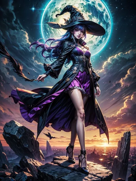 in the middle of so the storm on the stone field stand beatiful witch, she have a beautiful face with blue eyes shining purple l...