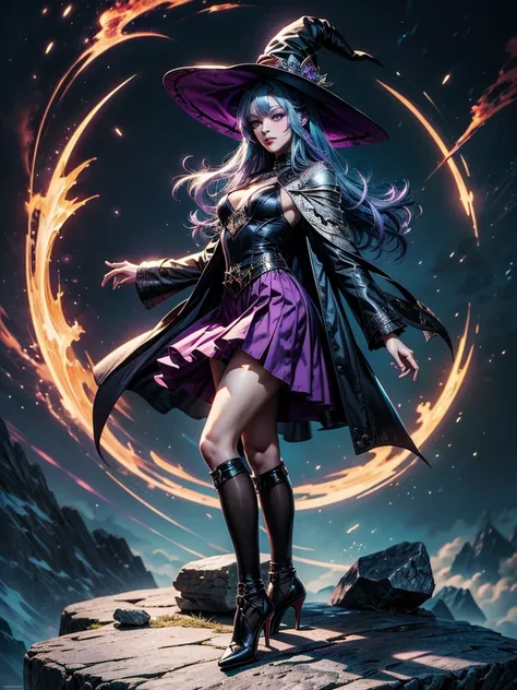 In the middle of so the storm on the stone field stand beatiful witch, she have a beautiful face with blue eyes shining purple lipstick and purple eye shadows, she have long blue hair with purple highlights, she dressed in black long coat short skirt high ...