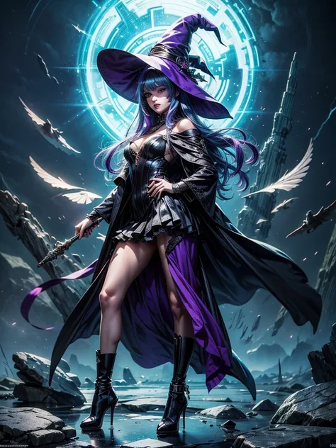 in the middle of so the storm on the stone field stand beatiful witch, she have a beautiful face with blue eyes shining purple l...