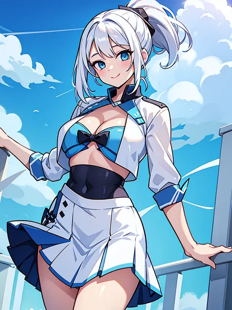 pretty,sexy,wind,white hair,ponytail,blue clothes,blue eyes,adult,busty,skirt,cleavage visible,smiling face