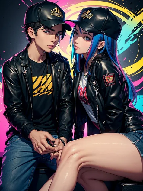 photo of a young man with an Indonesian face wearing a baseball cap and leather jacket, black jeans, with a splash of colored ink theme, the theme is holding a multi-colored aura ball, accompanied by a beautiful girl kissing romantically, unique and cool d...