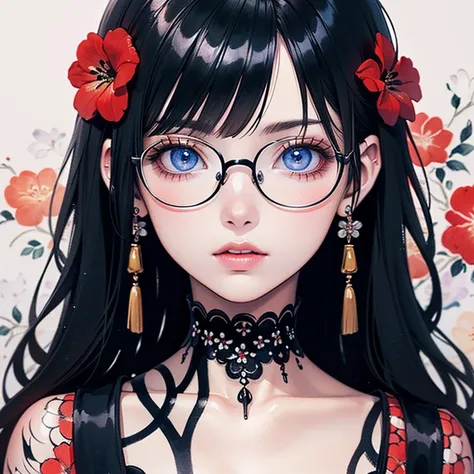 (masterpiece),(Highest quality:1.2),(8K Anime),1 Girl,Beautiful and delicate blue eyes,(Beautiful silky black hair:1.2), black dress with flowers,(Realistic),Detailed skin, Unfairly Beautiful,((Ink painting floral background)),White Theme,Cinema Lighting,B...