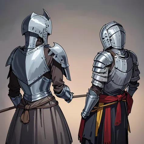 Best illustrations、Best Quality、((From the back)))、(whole body、detailed)、(Iron Mask、Iron Helmet、pocket)、(((Medieval Knight、Simple grey armor、male、Age 25)))、(((Get Ready)))、(Medieval Knightが10人)