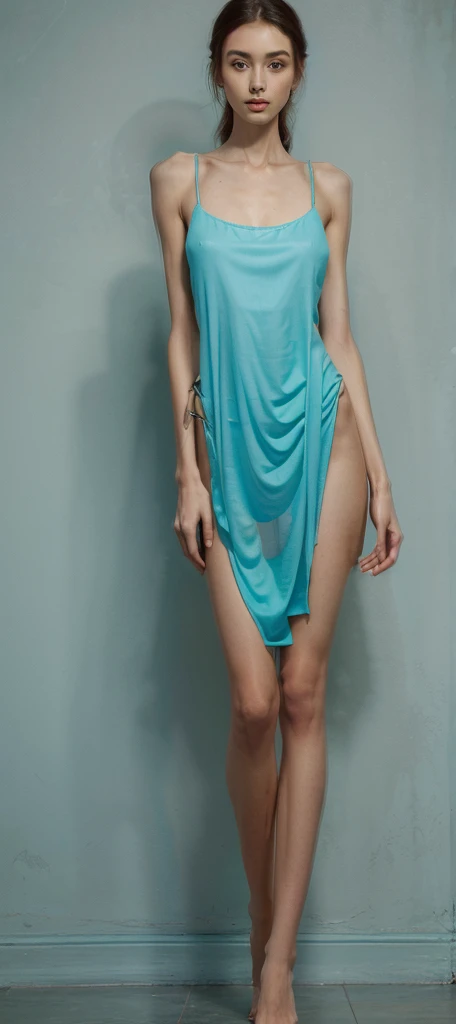 A very beautiful skinny girl wearing turquoise togs with very thin arms ,very thin long skinny legs and very thin waist and very very  huge breast (show full body from head to foot) (detailed ) (masterpiece) (facial features) beutiful face