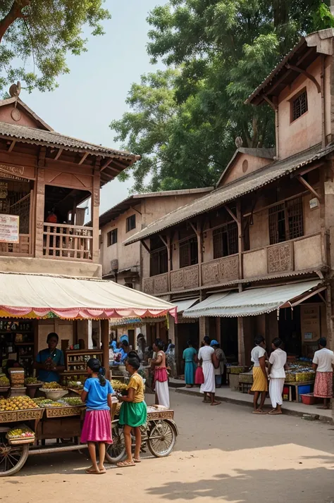 : A bustling village square in a small Indian village. The atmosphere is lively with vendors selling their goods, children playing, and villagers engaging in conversations.