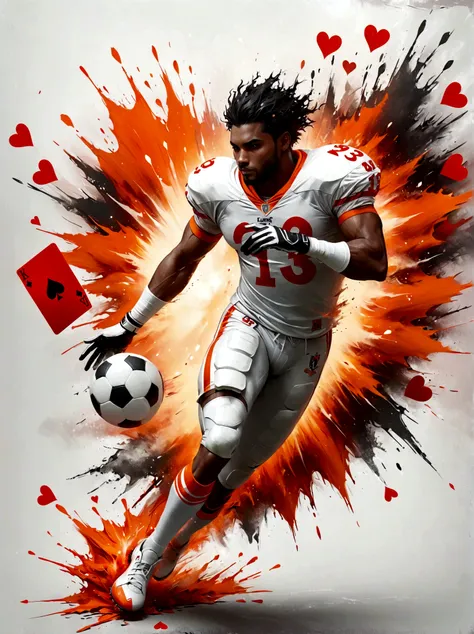 imagine a strong and dynamic illustration，depicts an american football player of white descent，standing in front of a king of he...