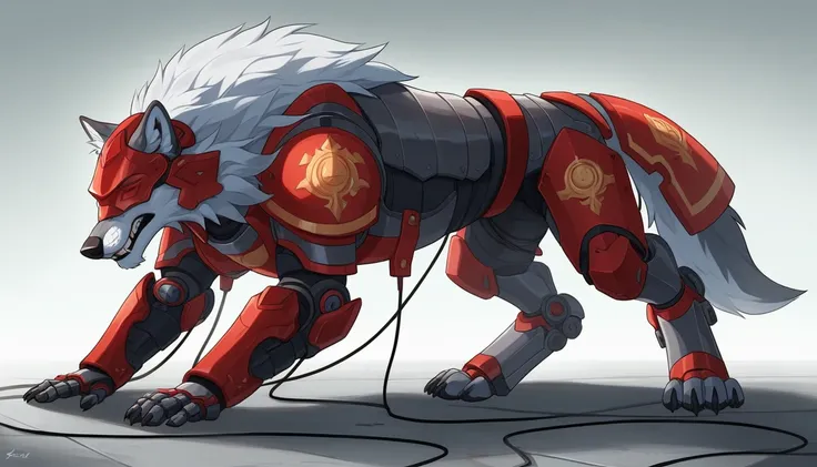 ((Masterpiece)), ((Best Quality)), (Very Detailed), ((Very Detailed)), 4K, (8K), very aesthetic, absurdres highres, A highly detailed and realistic illustration of a wolf wearing advanced red and silver mechanical armor. The armor should have intricate det...