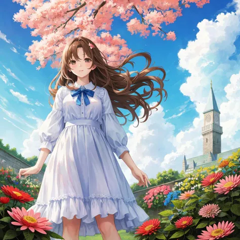 anime girl, beautiful 20 year old girl, Is standing, a beautiful flower garden, perfect lighting, blue sky with clouds, front view, Angle from below, wide, wavy brown hair, horse&#39;s tail, detailed eyes, turquoise eyes, Red lips, shy smile, blush, beauti...