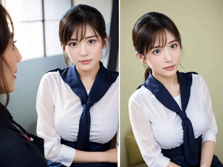 a live-action photo of an extremely beautiful japanese high school girl race queen who highlights her large breasts and beautifu...