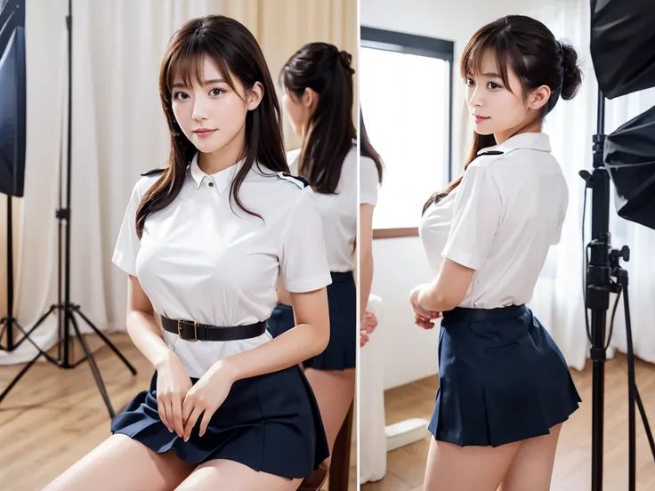 A live-action photo of an extremely beautiful Japanese high school girl race queen who highlights her large breasts and beautiful legs.、Wearing a miniskirt police uniform in a photo studio, she takes promotional photos for compensated dating、She is an eter...