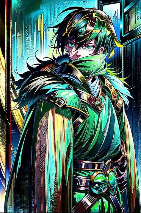 yuichiro hyakuya, expressive eyes, 1 boy, black hair, green eyes, brown coat, gray armor, green shield, green cloak, dark brown gloves, town, fur trim, anime, standing, good quality, portrait, looking at viewer