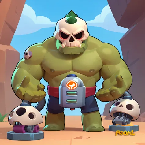 full body view of robot mixed with incubator, living skull in incubator, human skull, having muscular green arms, nuclear logo, brawl, brawl stars