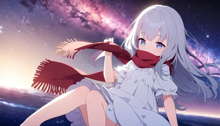 (((masterpiece))), (((best quality))),(((high detail))),light manipulation, girl with long silver hair, gradient purple to sky blue eyes, wearing a white dress, a red scarf, (((loli))), (((child))) , galaxy background, holding a teddy bear, feet, no footwe...