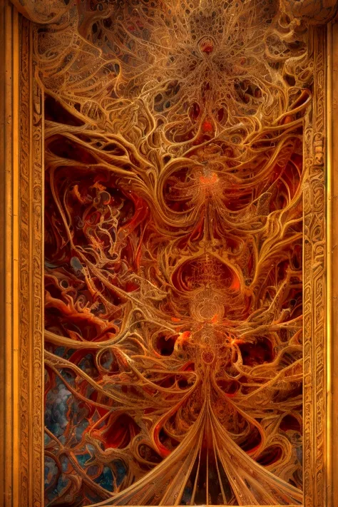 π+300×21^(20),the Spirit of the Primal fire, Judgement,fractal, glowing orange scarlet, vermillion, orange flecked gold and vermillion flecked crimson and emerald, perpetual intelligence,4k resolution,hyperdetailed,masterpiece, 3d modelling, deep wiew,abst...