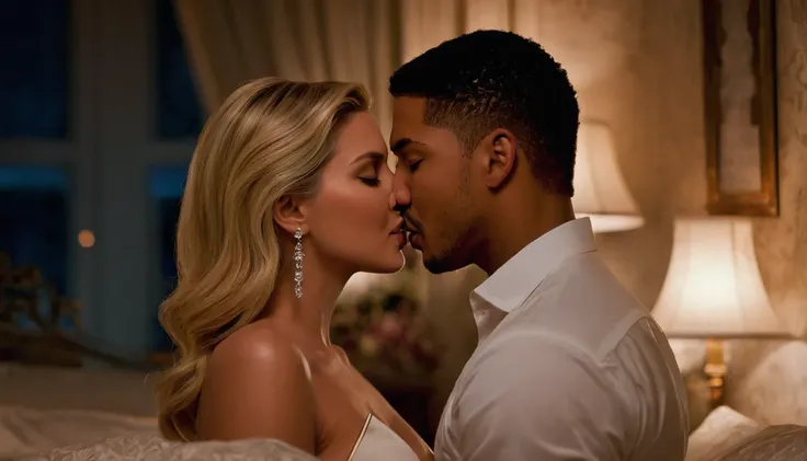 Charles Michael Davis and Ivanka Trump share a steamy kiss inside a bedroom lit only by candlelight. Ivanka has lovely makeup on her face. Nighttime. Romantic ambiance. Symmetrical eyes. Symmetrical faces. Lovely details. Photorealistic. Full-colored photo...