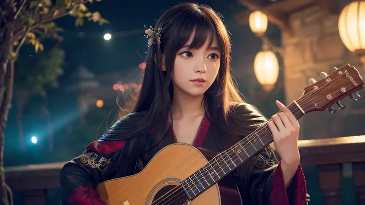 Asian Girl,Fairy tale,She has straight bangs and is holding an acoustic guitar.,Fantasy Background, Night atmosphere