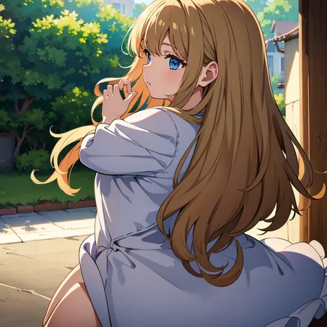 8k, masterpiece, best quality, 1 girl, college age, medium breasts , bangs, soft wavy hair , looking down, look back