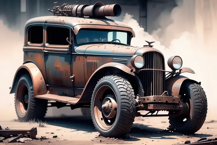 (The American 1930s copped hotrod muscle car stands as a hulking emblem of defiance in the desolate dystopian world. Its rusted exterior is adorned with makeshift armor plates, showcasing a fearless improvisation against adversity. A towering supercharger ...