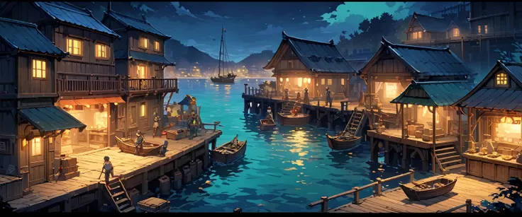 port(中世纪的欧洲port)，There are three small wooden boats and a large sailboat on the water.，They are moored at the pier，Workers are busy moving goods，Night view。Mid-ground composition，Panorama pictures，Scene screen，Game concept art style，Anime illustration styl...