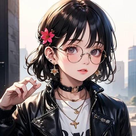 (masterpiece:1.2), Highest quality,The middle of a journey, alone, Colored glasses, jewelry, hair ornaments, View your viewers,One girl, short hair,Earrings,  flower, whole body, hair flower, Colored glasses, sunglasses, necklace, Jacket,  bangs, Black Hai...