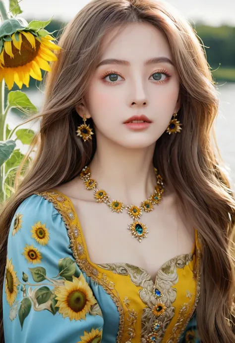 (  Absurdly , High quality , ultra detailed ) ,( hand detailed ) , 1girl, solo, mature, very long hair, sunflower hair , beautiful crystal eyes ( eye detailed ) Baroque, Necklace, long dress, long sleeve, elegant, colorful, highest detailed, upper body , w...