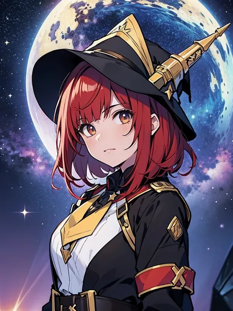 Teenage girl with red hair, short bob hair, wizards hat, black clothes, wizards wand, starry sky background