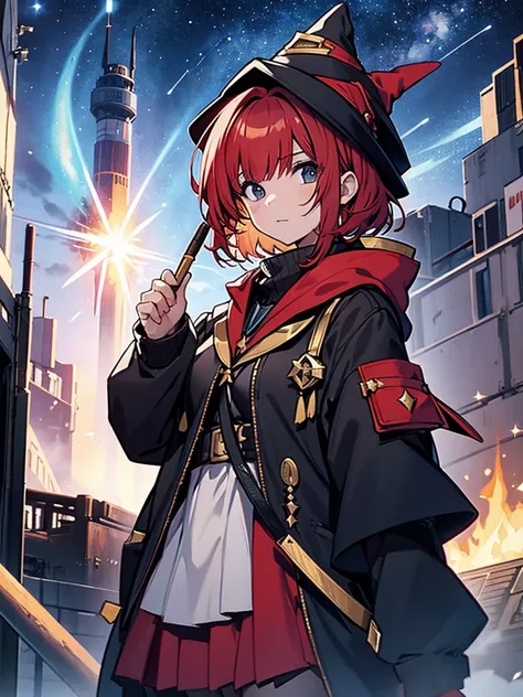 Teenage girl with red hair, short bob hair, wizards hat, black clothes, wizards wand, starry sky background