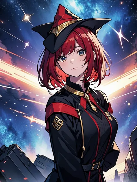 Teenage girl with red hair, short bob hair, wizards hat, black clothes, wizards wand, starry sky background