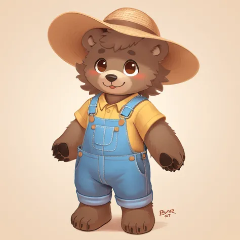 straw hat and overalls in bear art style
