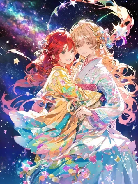 Masterpiece, Orihime (Hanfu,medium breasts,cutesmile,cuteHanfu,extreme beauty, cute),Hikoboshi(Hanfu,handsome, cool), Tanabata, background Milky Way, star-filled sky. shining stars, twinkling stars, summer triangle (Orihime star, Hikoboshi, star Choboshi) ...