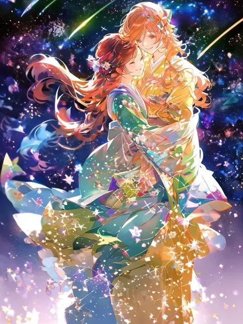 Masterpiece, Orihime (Hanfu,medium breasts,cutesmile,cuteHanfu,extreme beauty, cute),Hikoboshi(Hanfu,handsome, cool), Tanabata, background Milky Way, star-filled sky. shining stars, twinkling stars, summer triangle (Orihime star, Hikoboshi, star Choboshi) ...