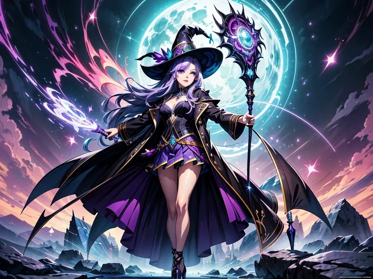 In the middle of so the storm on the stone field stand beatiful witch, she have a beautiful face with blue eyes shining purple lipstick and purple eye shadows, she have long blue hair with purple highlights, she dressed in black long coat short skirt high ...