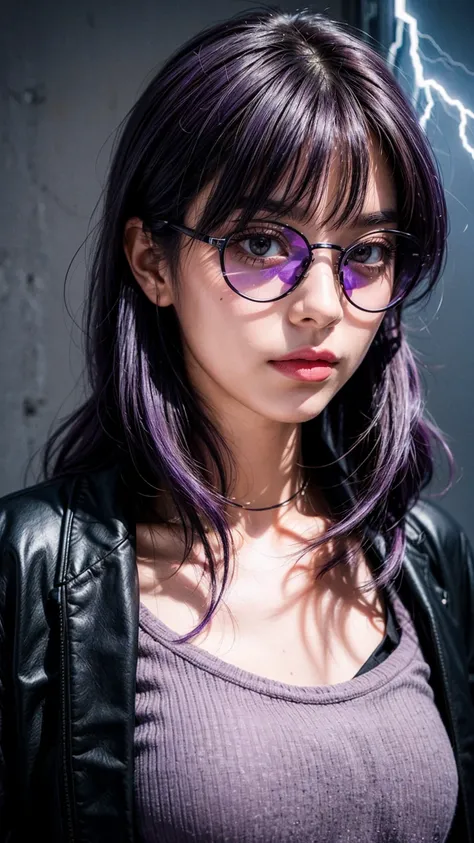 Thunder and lightning, Purple Hair, Purple Eyes, A girl wearing trendy orange sunglasses , Orange background, portrait