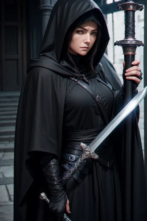 a middle-aged woman, with a black hooded cloak and a huge sword on his back, sat with a serious expression in the temple at nigh...