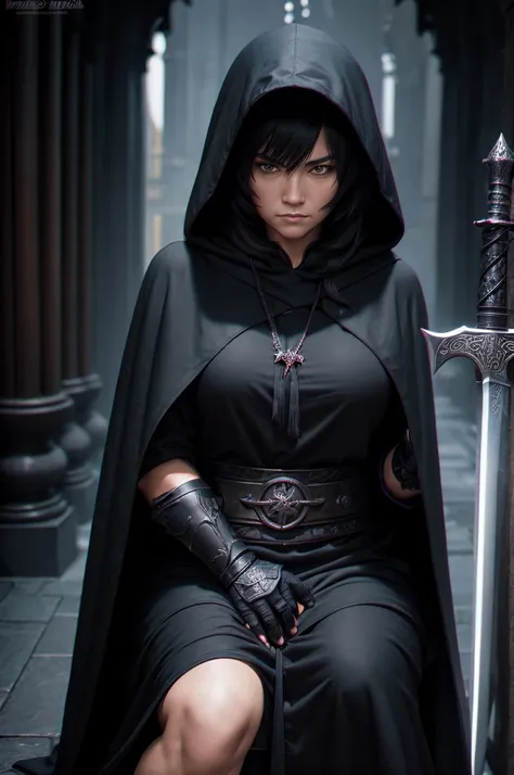 a middle-aged woman, with a black hooded cloak and a huge sword on his back, sat with a serious expression in the temple at nigh...