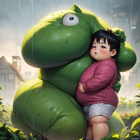 a fat baby boy with a vegetable-shaped monster protecting him under the morning rain