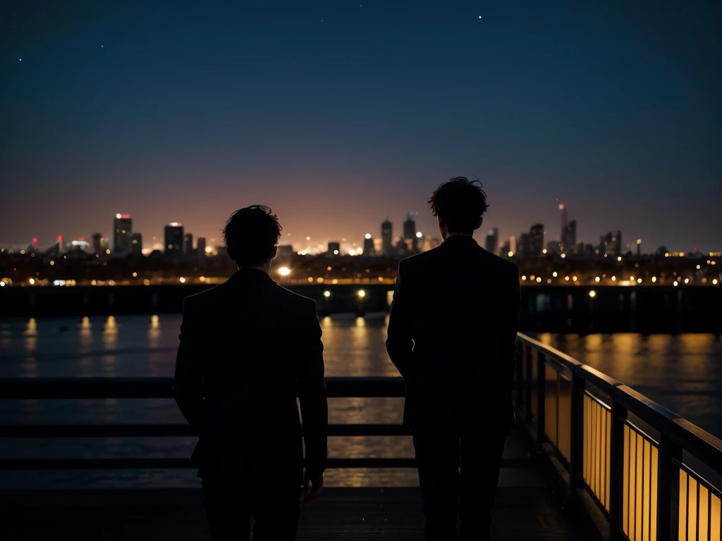 silhouette of man walking on a bridge with his back turned, at night and with the city in the background, seeing another person away from him in the distance, very far away