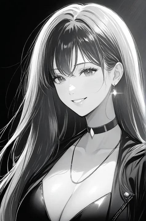 1girl, solo, long hair, smile, jacket, monochrome, greyscale, choker, head tilt, looking to the side, floating hair, looking down, breasts,(shiny skin:1.15),(mature female:1.2),shalom, Earrings 