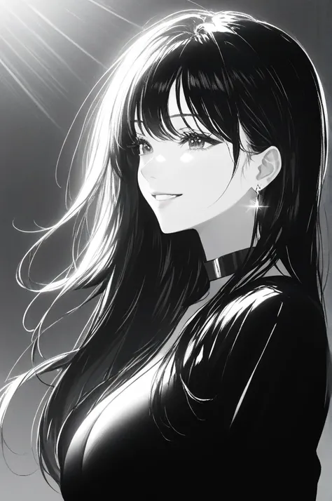 1girl, solo, long hair, smile, jacket, monochrome, greyscale, choker, head tilt, looking to the side, floating hair, looking down, breasts,(shiny skin:1.15),(mature female:1.2),shalom, Earrings 