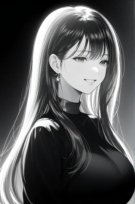 1girl, solo, long hair, smile, jacket, monochrome, greyscale, choker, head tilt, looking to the side, floating hair, looking down, breasts,(shiny skin:1.15),(mature female:1.2),shalom, Earrings 