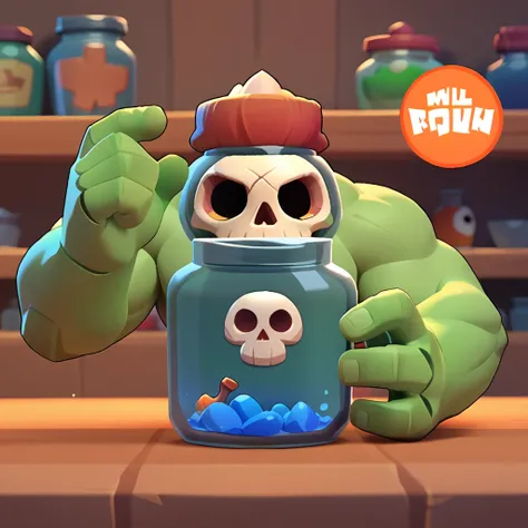 full view of robot body mixed with big jar, living skull inside jar, human skull, having muscular green arms, nuclear logo, brawl, brawl stars