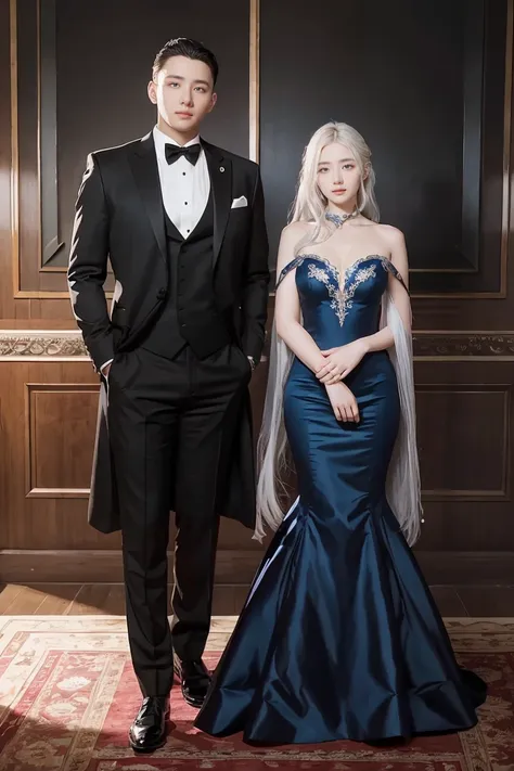 there are two people dressed in formal clothing posing for a picture, wlop and sakimichan, artwork in the style of guweiz, wlop ...