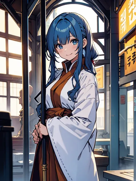 Girl, monk, blue hair, long straight hair, white clothes, monks staff, smiling