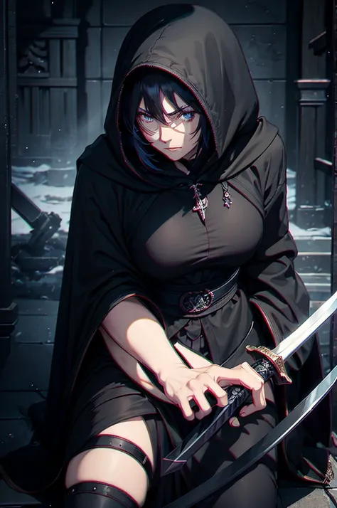 a middle-aged woman, with a black hooded cloak and a huge sword on his back, sat with a serious expression in the temple at nigh...