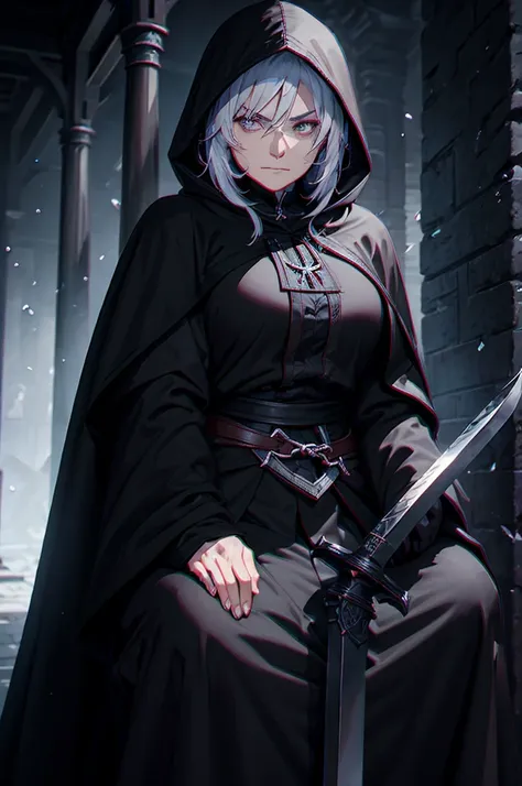 a middle-aged woman, with a black hooded cloak and a huge sword on his back, sat with a serious expression in the temple at nigh...