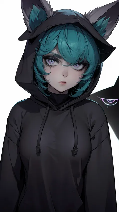 girl, large black sweatshirt, sexy pose, calm look, a dark room, evil eyes, glowing skin, looking ahead, facial expression